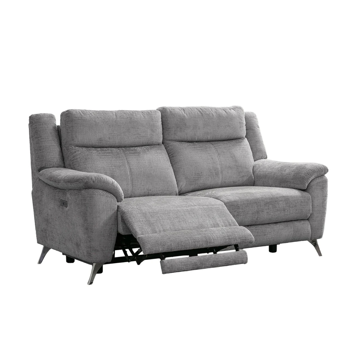 Modern & Glamour Monroe Spencer Silver Chenille Fabric Power Recliner 3 Seater with Chrome Metal Legs 