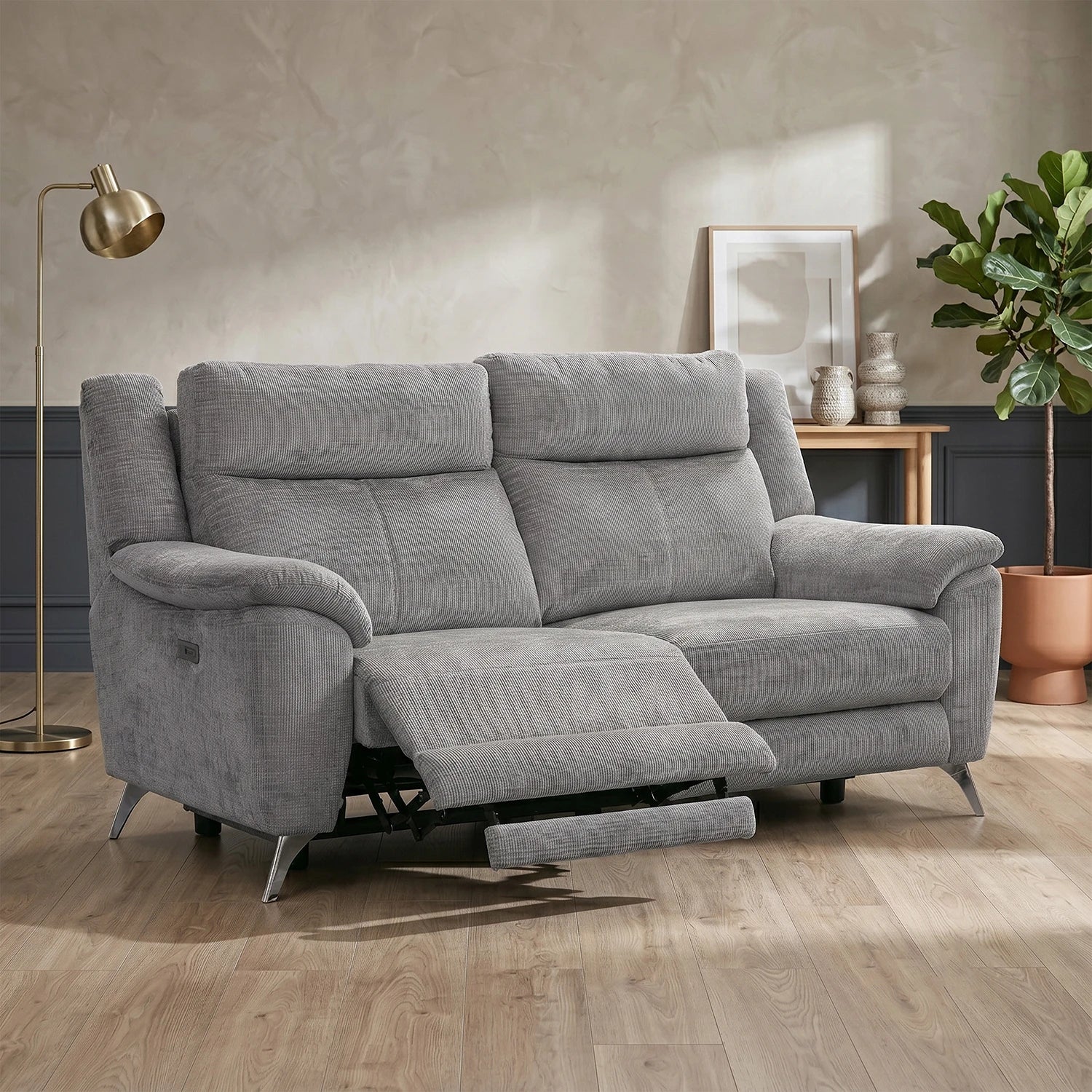 Spencer Monroe Silver fabric Power reclining Modern Sofa Upholstered in Chenille Fabric
