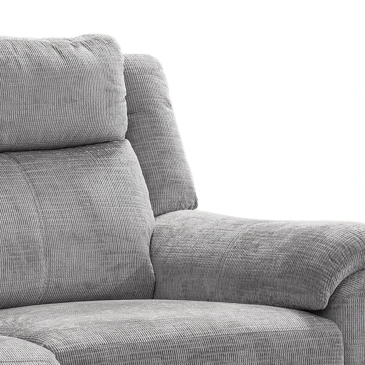 Close-up of a Modern & Glamour Monroe Spencer Chenille Fabric Power Recliner Arm Chair with Chrome Metal Legs , showing the back cushion, armrest, and seat against a plain white background.