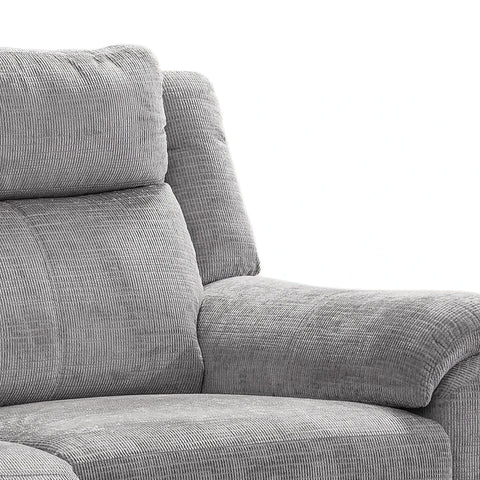 Close-up of a Modern & Glamour Monroe Spencer Chenille Fabric Power Recliner Arm Chair with Chrome Metal Legs , showing the back cushion, armrest, and seat against a plain white background.