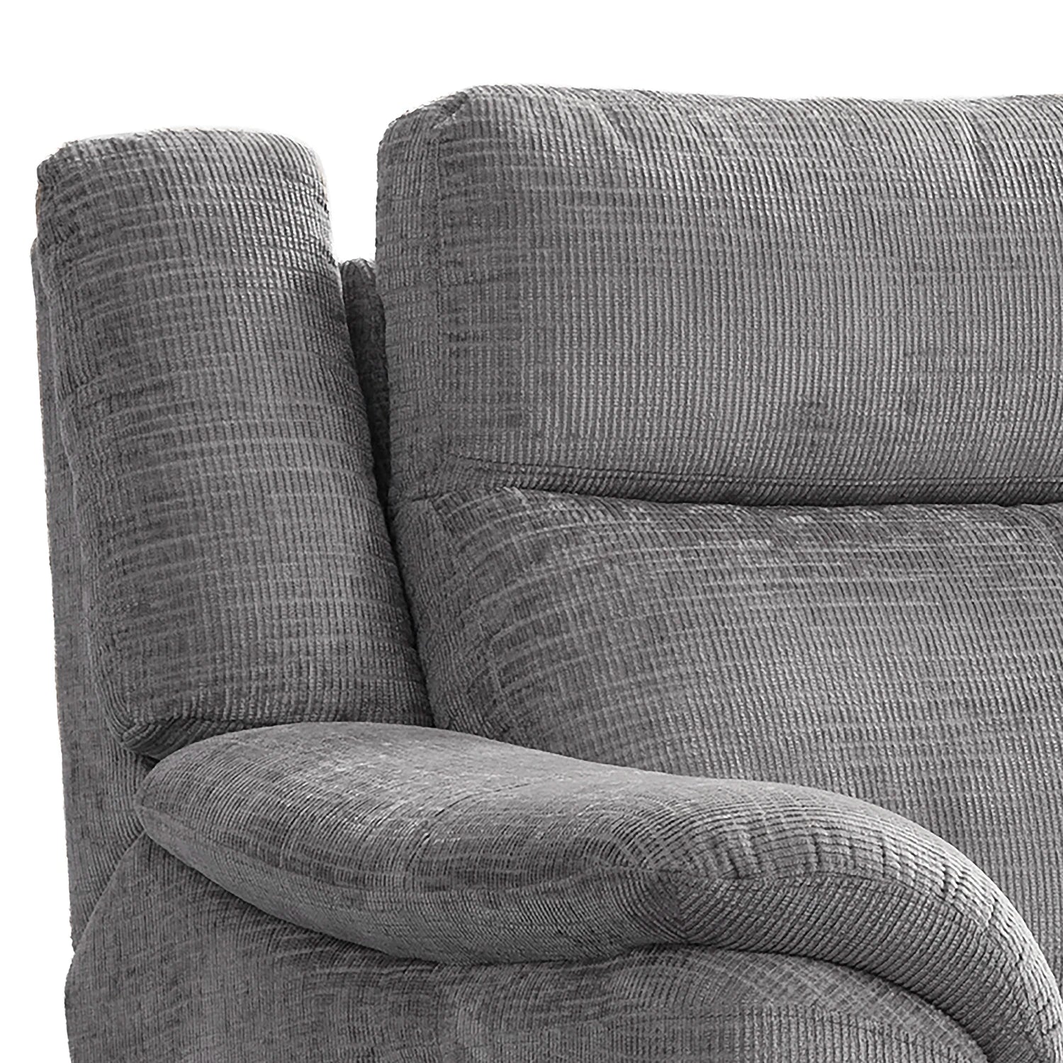 Close-up of a Modern & Glamour Monroe Spencer Chenille Fabric Power Recliner Arm Chair with Chrome Metal Legs,  showing the backrest, armrest, and cushion against a plain white background.