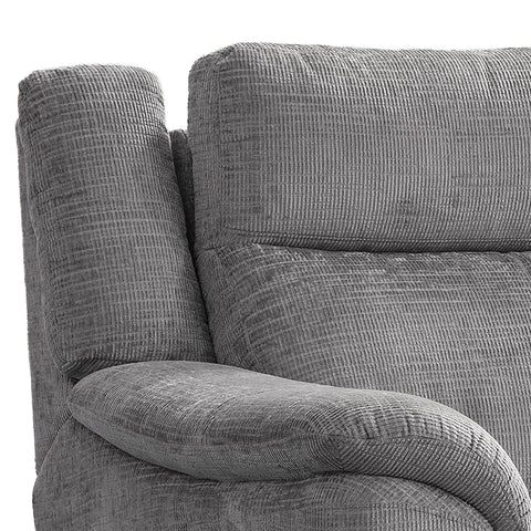 Close-up of a Modern & Glamour Monroe Spencer Chenille Fabric Power Recliner Arm Chair with Chrome Metal Legs,  showing the backrest, armrest, and cushion against a plain white background.