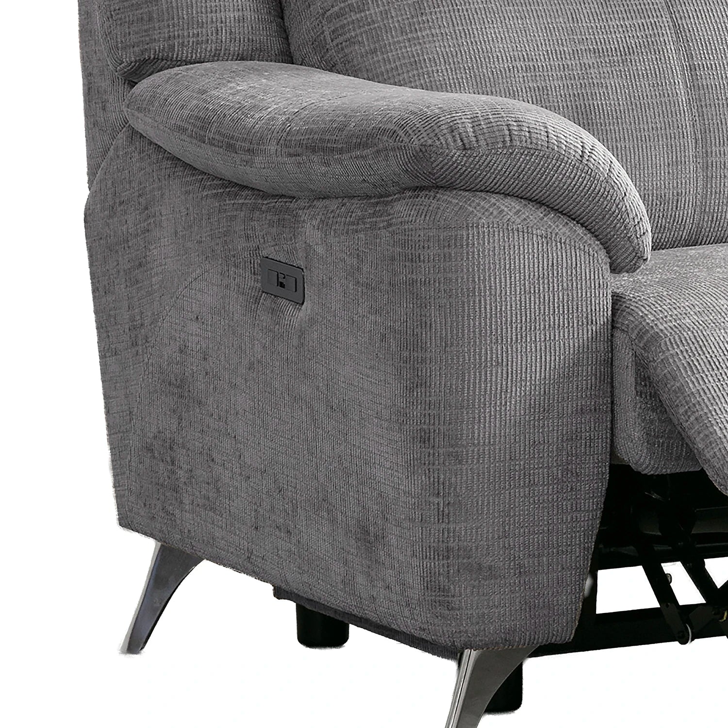 Modern & Glamour Monroe Spencer Chenille Fabric Power Recliner Arm Chair with Chrome Metal Legs, showing the side armrest, power control panel, and part of the extended footrest on a white background.