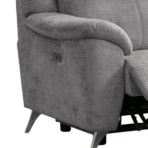 Modern & Glamour Monroe Spencer Chenille Fabric Power Recliner Arm Chair with Chrome Metal Legs, showing the side armrest, power control panel, and part of the extended footrest on a white background.