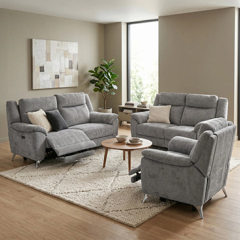 A 3-piece grey fabric Power reclining Modern Sofa Upholstered in Chenille Fabric , available as 3 Seater, 2 Seater or Arm Chair