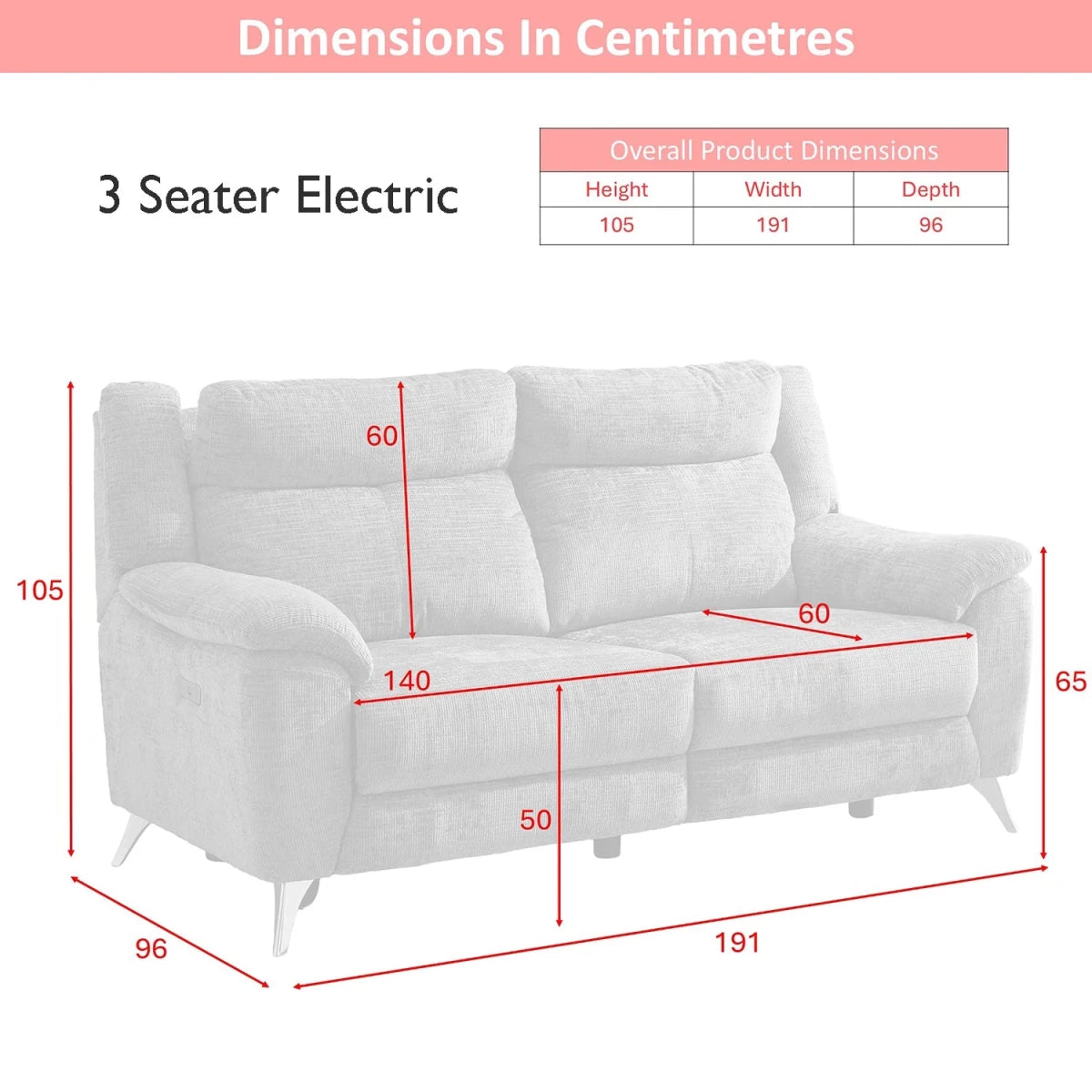 A dimension diagram of a Monroe Spencer 3 seater electric sofa , showing measurements in centimeters for height, width, and depth, with a product dimensions table at the top right.