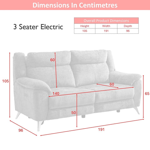 A dimension diagram of a Monroe Spencer 3 seater electric sofa , showing measurements in centimeters for height, width, and depth, with a product dimensions table at the top right.