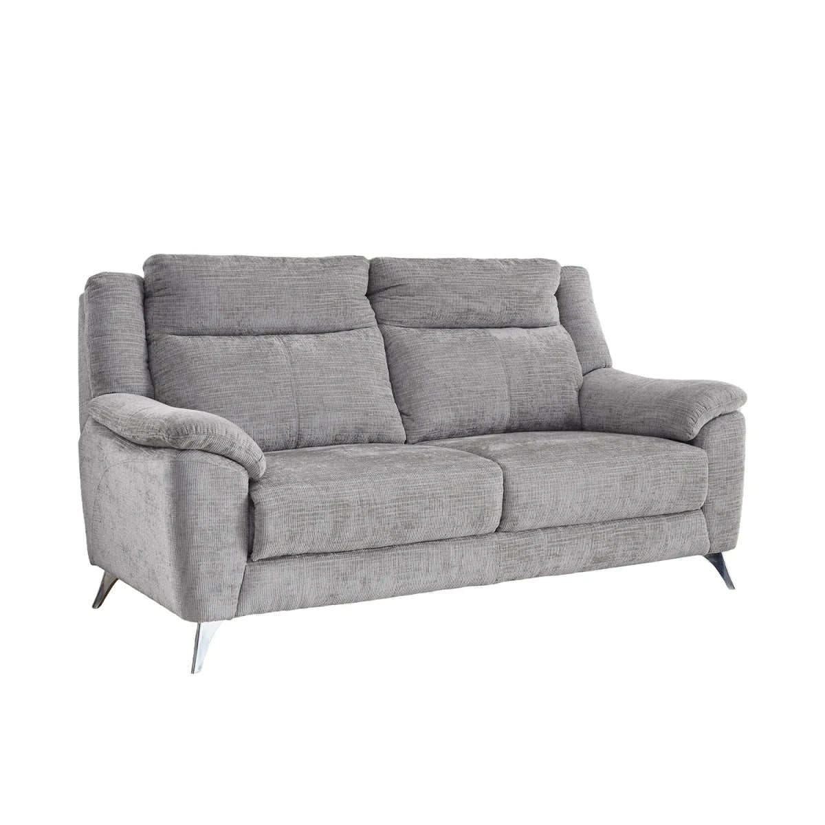 Modern Spencer Monroe Chenille Textured ASH Fabric 3 Seater Fixed Sofa With Chrome Finish Metal Legs 