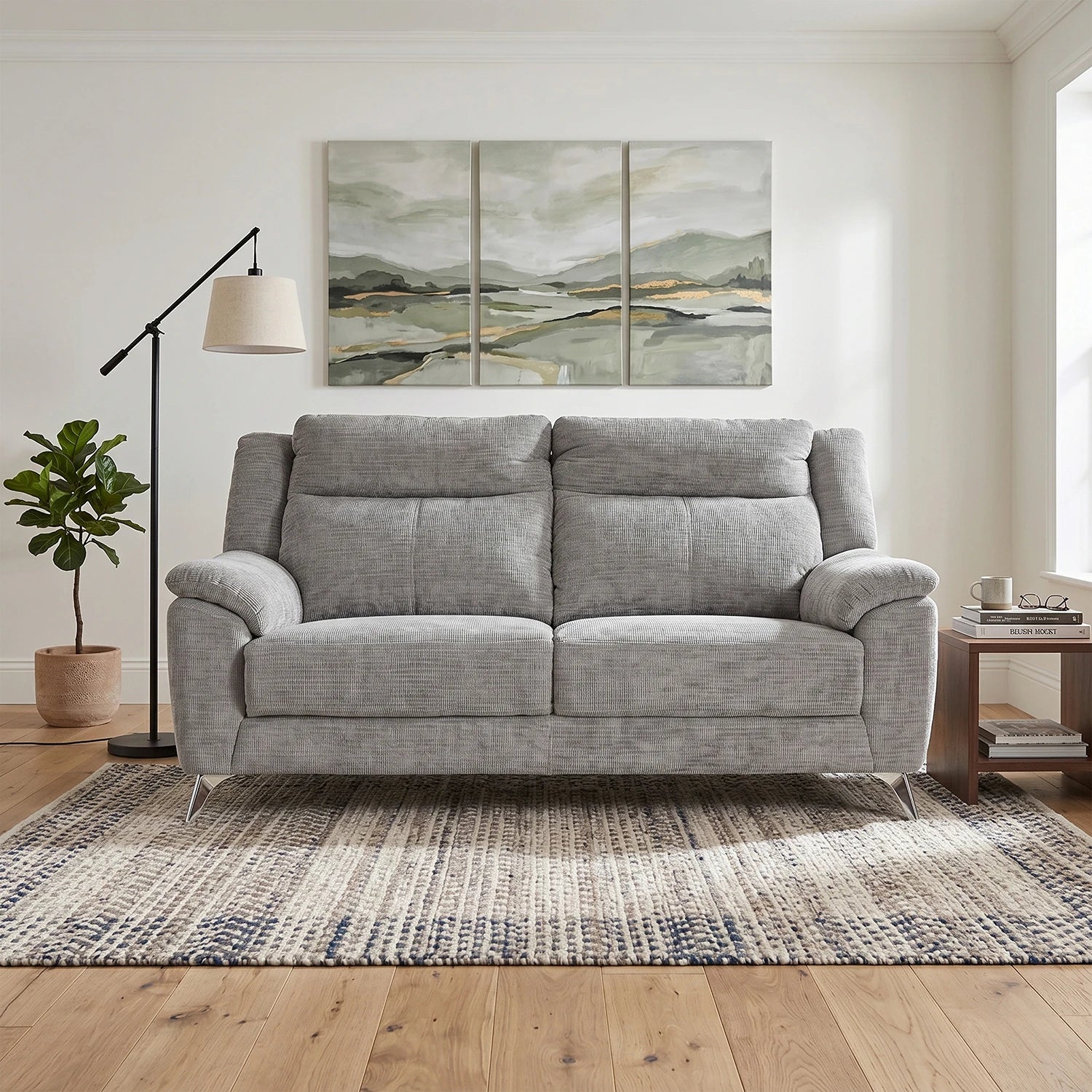 Modern Spencer Chenille Textured Grey Fabric 3 Seater Fixed Sofa With Chrome Finish Metal Legs styled in a room