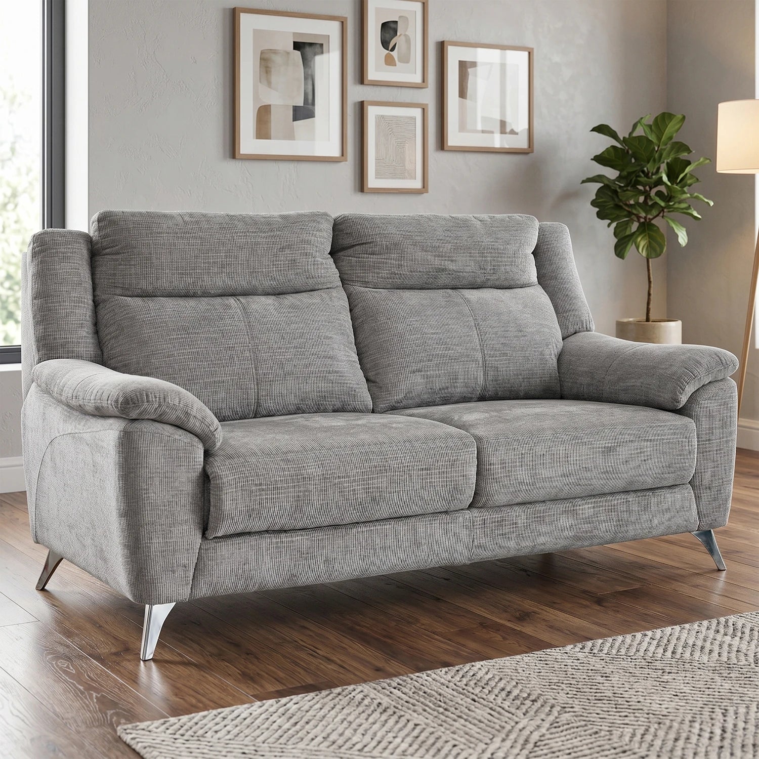 Modern Spencer Chenille Textured Grey Fabric 3 Seater Fixed Sofa With Chrome Finish Metal Legs 