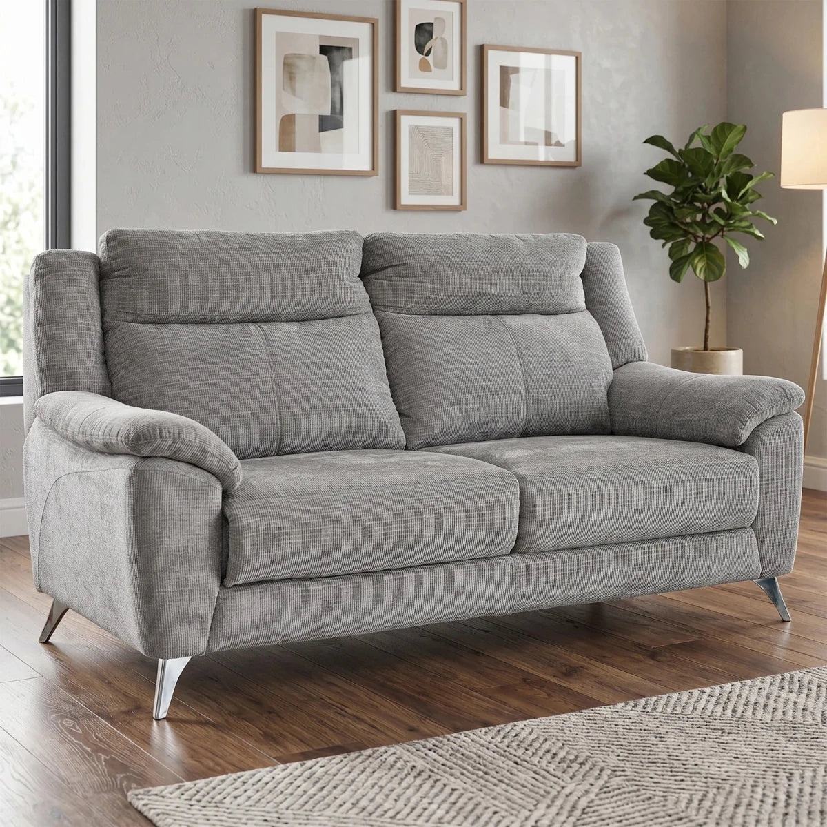 Modern Spencer Chenille Textured Grey Fabric 3 Seater Fixed Sofa With Chrome Finish Metal Legs 