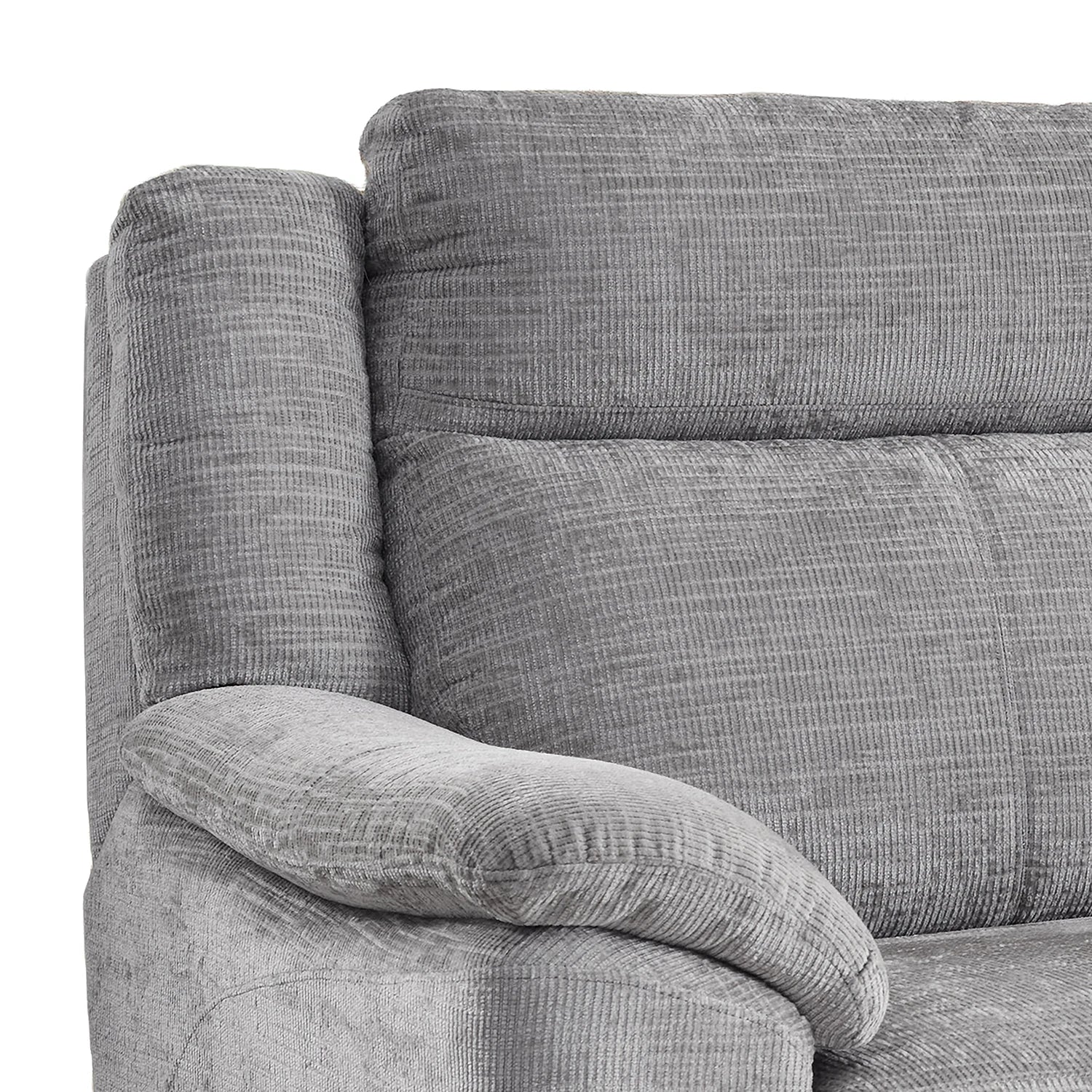 Close-up of a gray textured fabric  or sofa section with a padded armrest and ribbed upholstery on a white background.