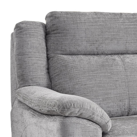 Close-up of a gray textured fabric  or sofa section with a padded armrest and ribbed upholstery on a white background.