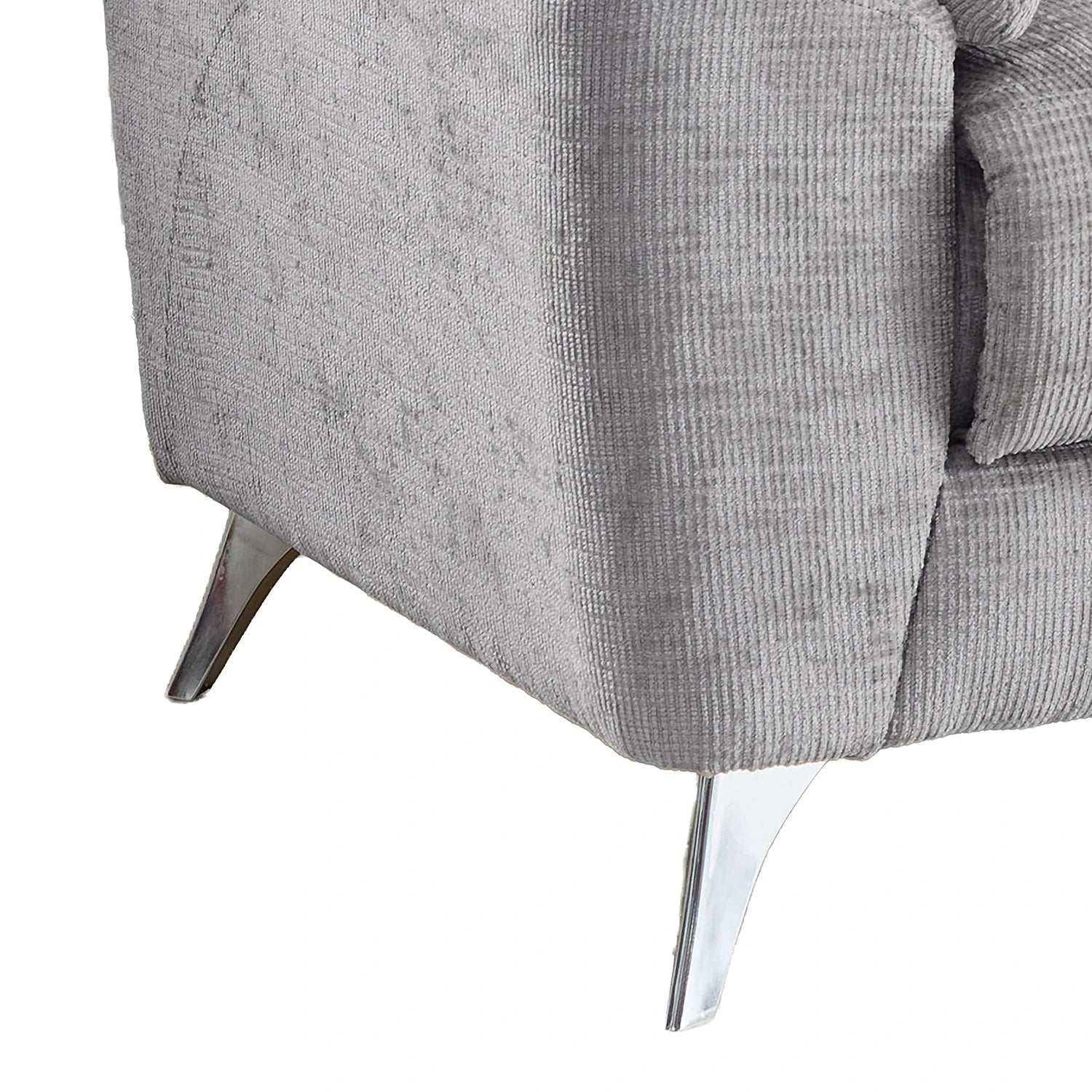Close-up of a light gray textured fabric sofa showing the corner, seat cushion, and shiny metallic legs against a white background.