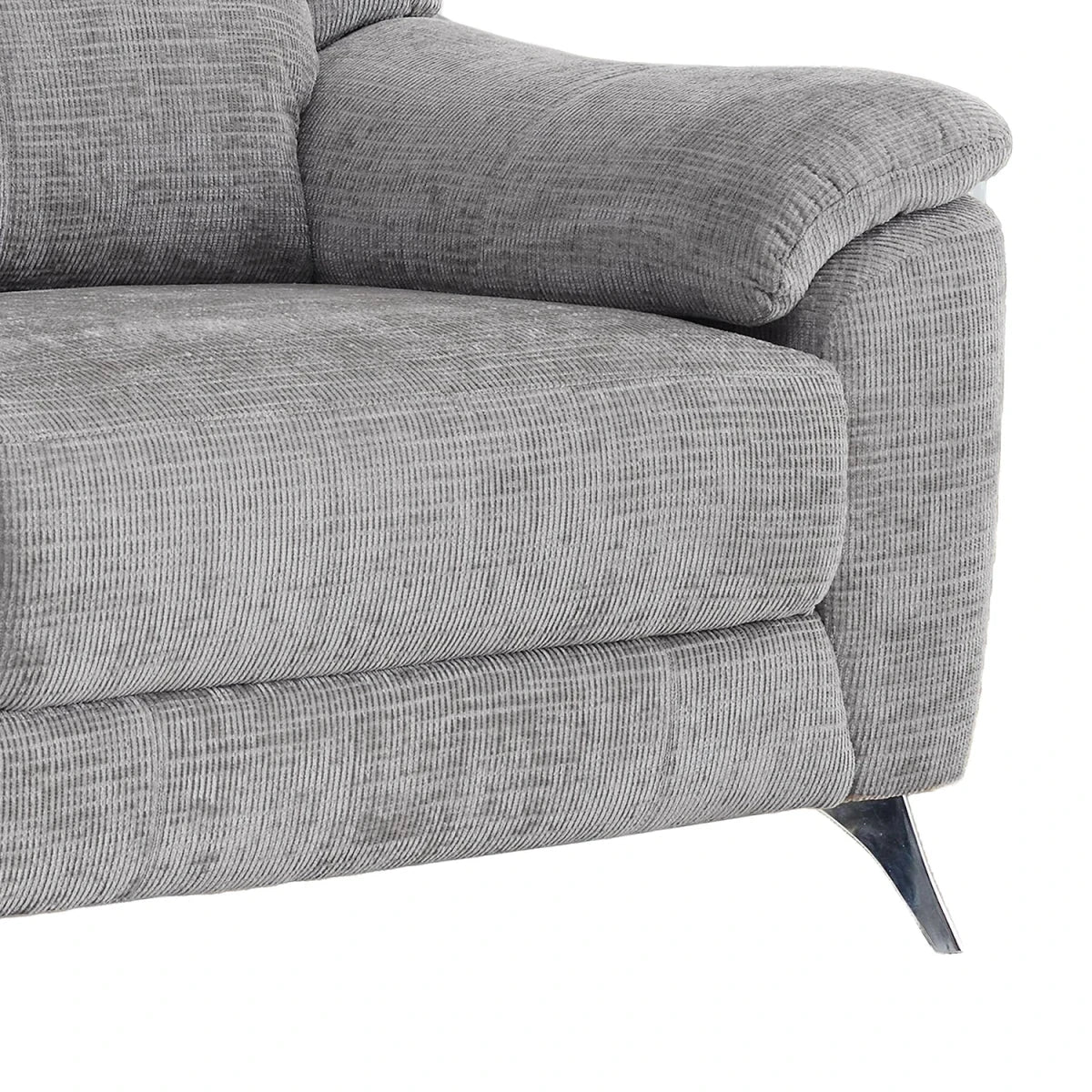 Close-up of a Modern Spencer Chenille Textured Brown Fabric 3 Seater Fixed Sofa  showing the armrest, seat cushion, and a small dark metal leg on a white background.