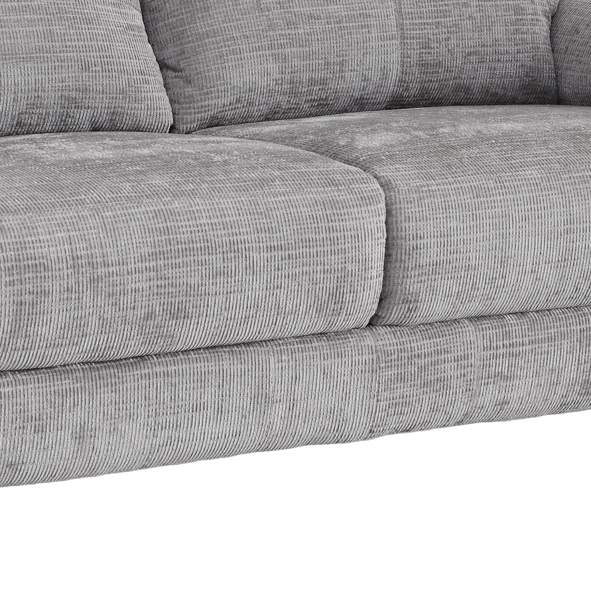 Close-up of a light gray textured fabric sofa cushion with a ribbed corduroy-like weave, showing the seat and back cushions against a white background.