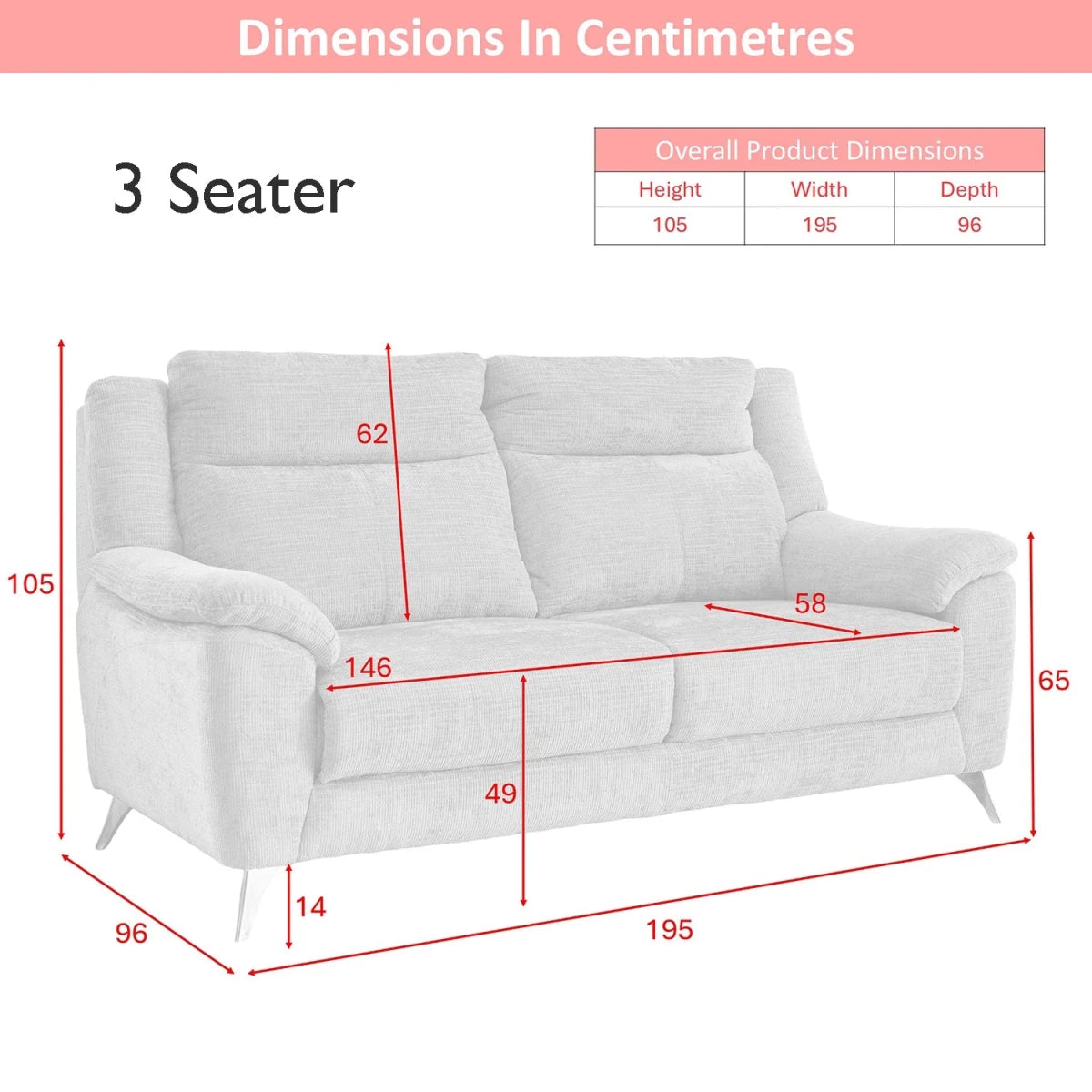 Modern Spencer Monroe 3-seater fabric sofa shown with red dimension lines and a small product dimensions table on a white background, under a pink header reading 'Dimensions In Centimetres'.