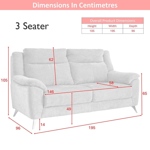 Modern Spencer Monroe 3-seater fabric sofa shown with red dimension lines and a small product dimensions table on a white background, under a pink header reading 'Dimensions In Centimetres'.