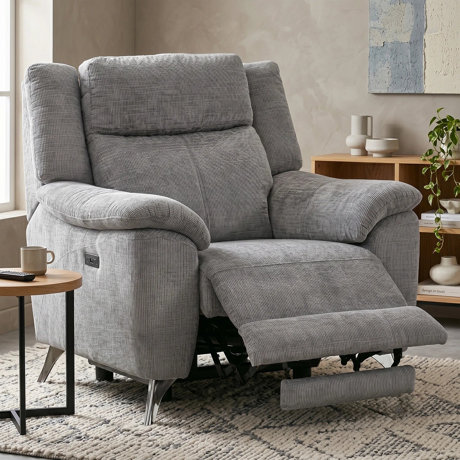 Modern & Glamour Monroe Spencer Light Grey Chenille Fabric Power Recliner Arm Chair with Chrome Metal Legs 