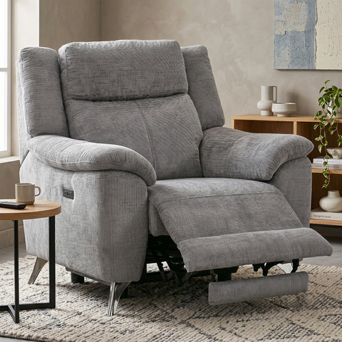 Modern & Glamour Monroe Spencer Light Grey Chenille Fabric Power Recliner Arm Chair with Chrome Metal Legs 