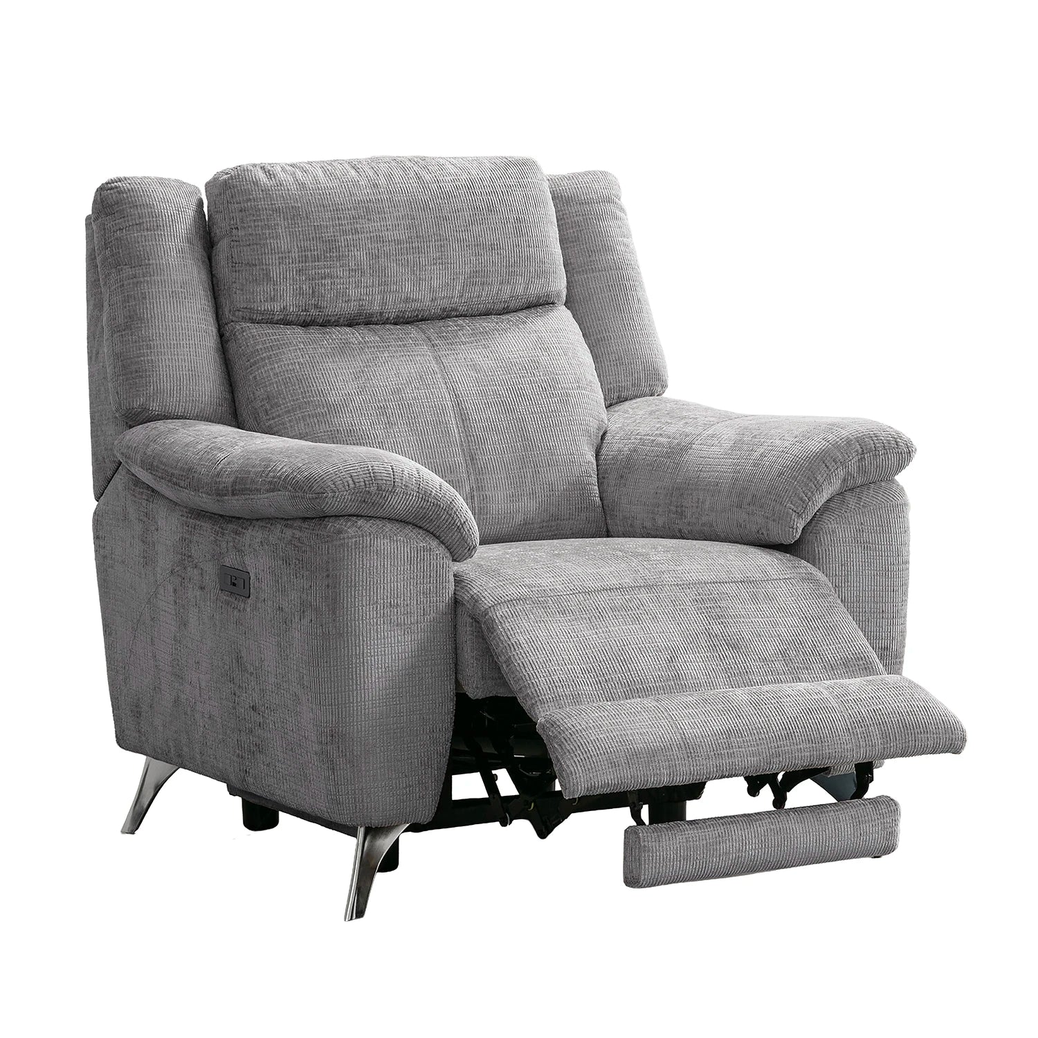 Modern & Glamour Monroe Spencer Silver Chenille Fabric Power Recliner Arm Chair with Chrome Metal Legs 