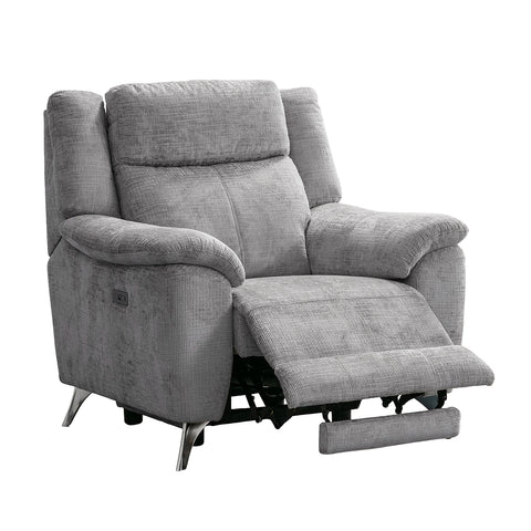Modern & Glamour Monroe Spencer Silver Chenille Fabric Power Recliner Arm Chair with Chrome Metal Legs 