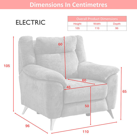 A dimension diagram of Modern & Glamour Monroe Spencer Chenille Fabric Power Recliner Arm Chair with Chrome Metal Legs 