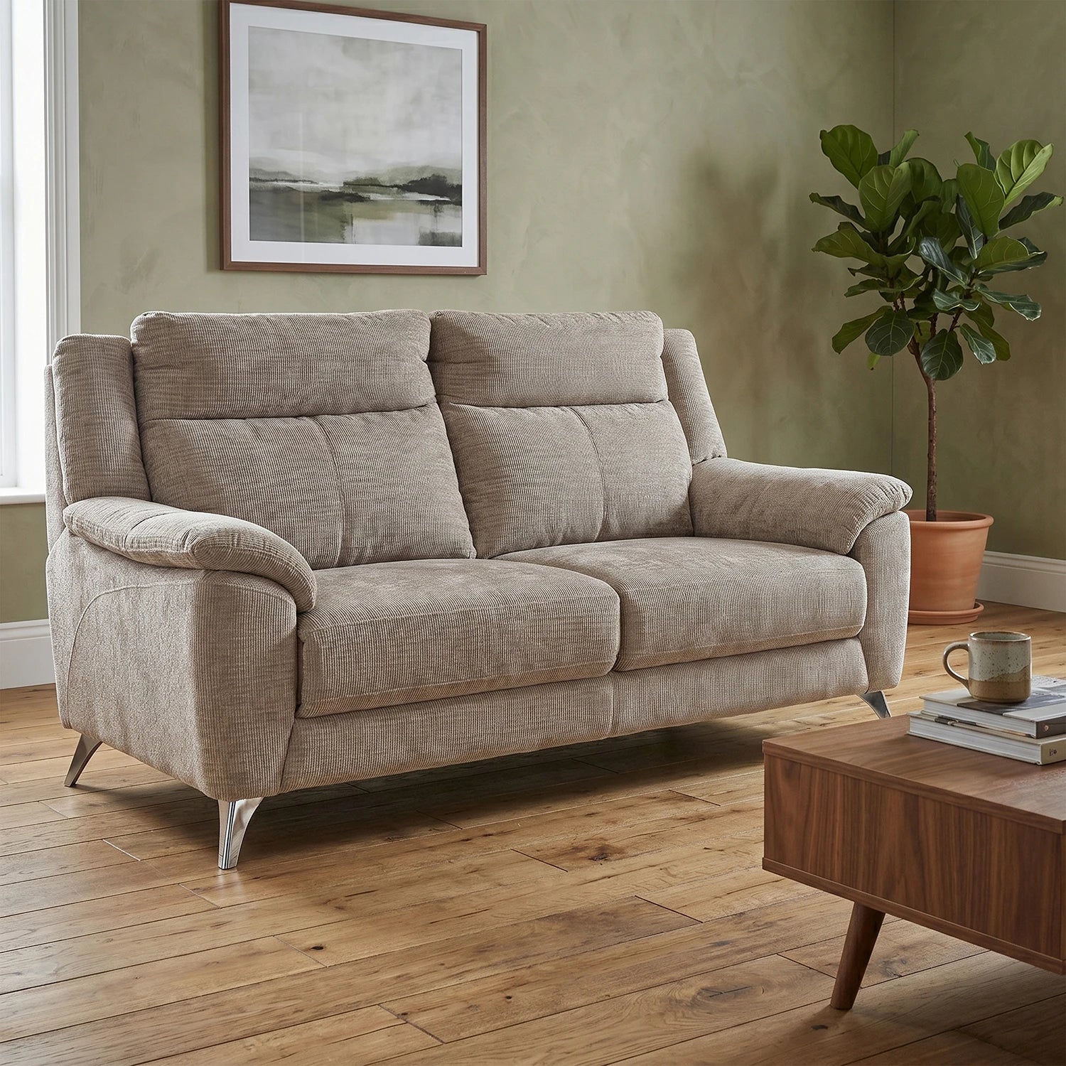 Modern Spencer Chenille Textured Mink Fabric 3 Seater Fixed Sofa With Chrome Finish Metal Legs 