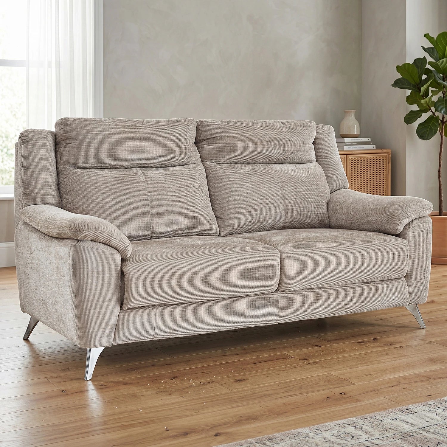 Modern Spencer Chenille Textured Mink Fabric 2 Seater Fixed Sofa With Chrome Finish Metal Legs 