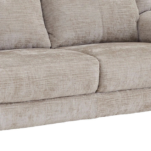 Close-up of a textured light beige upholstered sofa showing the seat cushion, back cushions, and ribbed fabric detail.