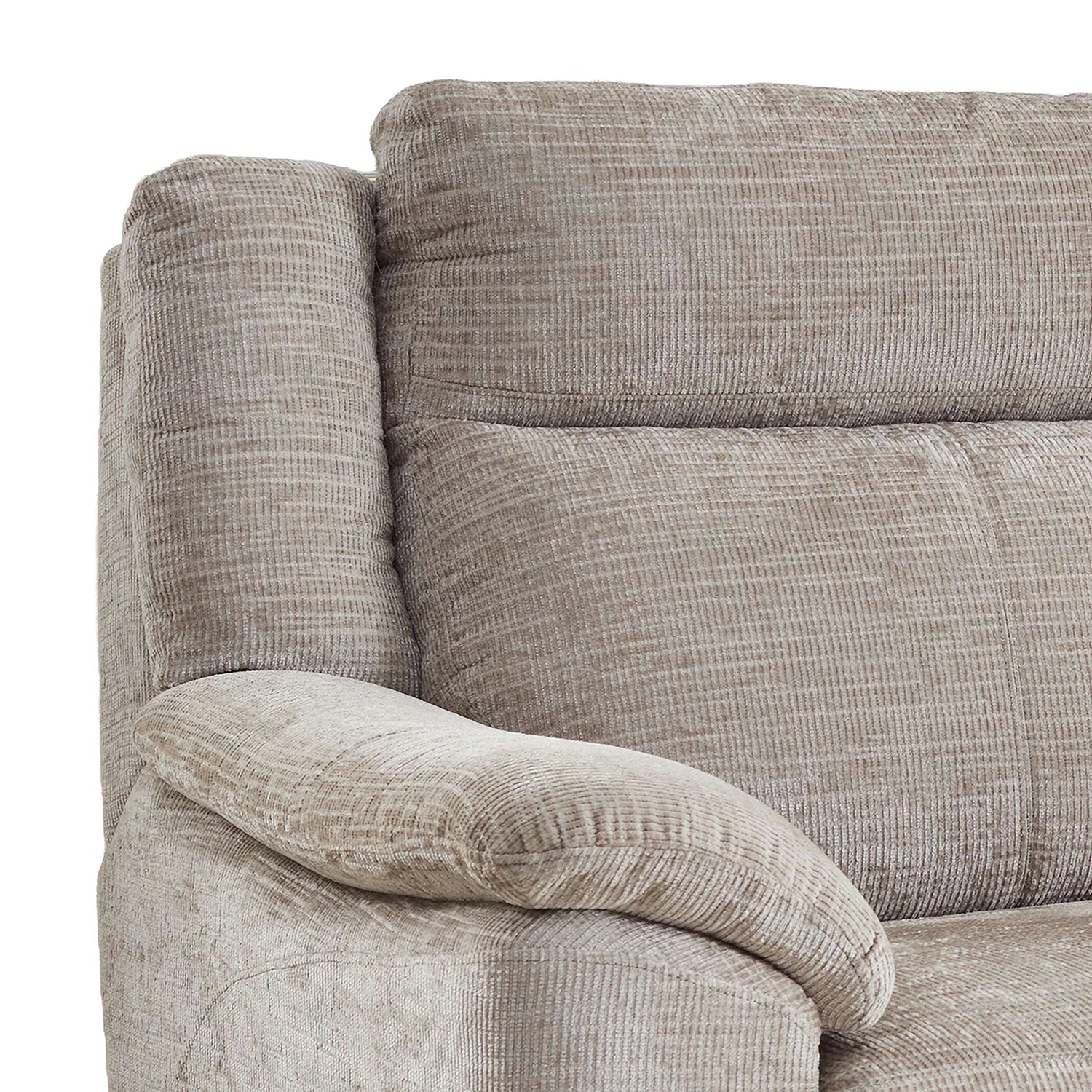 Close-up of a textured light beige upholstered Modern Spencer Chenille  3 Seater Fixed Sofa showing the armrest, back cushion, and ribbed fabric texture against a white background.
