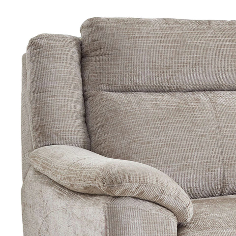 Close-up of a textured light beige upholstered Modern Spencer Chenille  3 Seater Fixed Sofa showing the armrest, back cushion, and ribbed fabric texture against a white background.