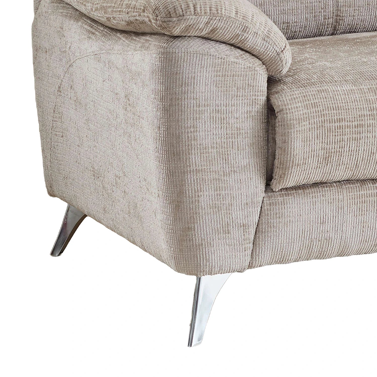 Close-up of a textured light beige upholstered sofa corner with curved armrests and slim metallic legs on a white background.