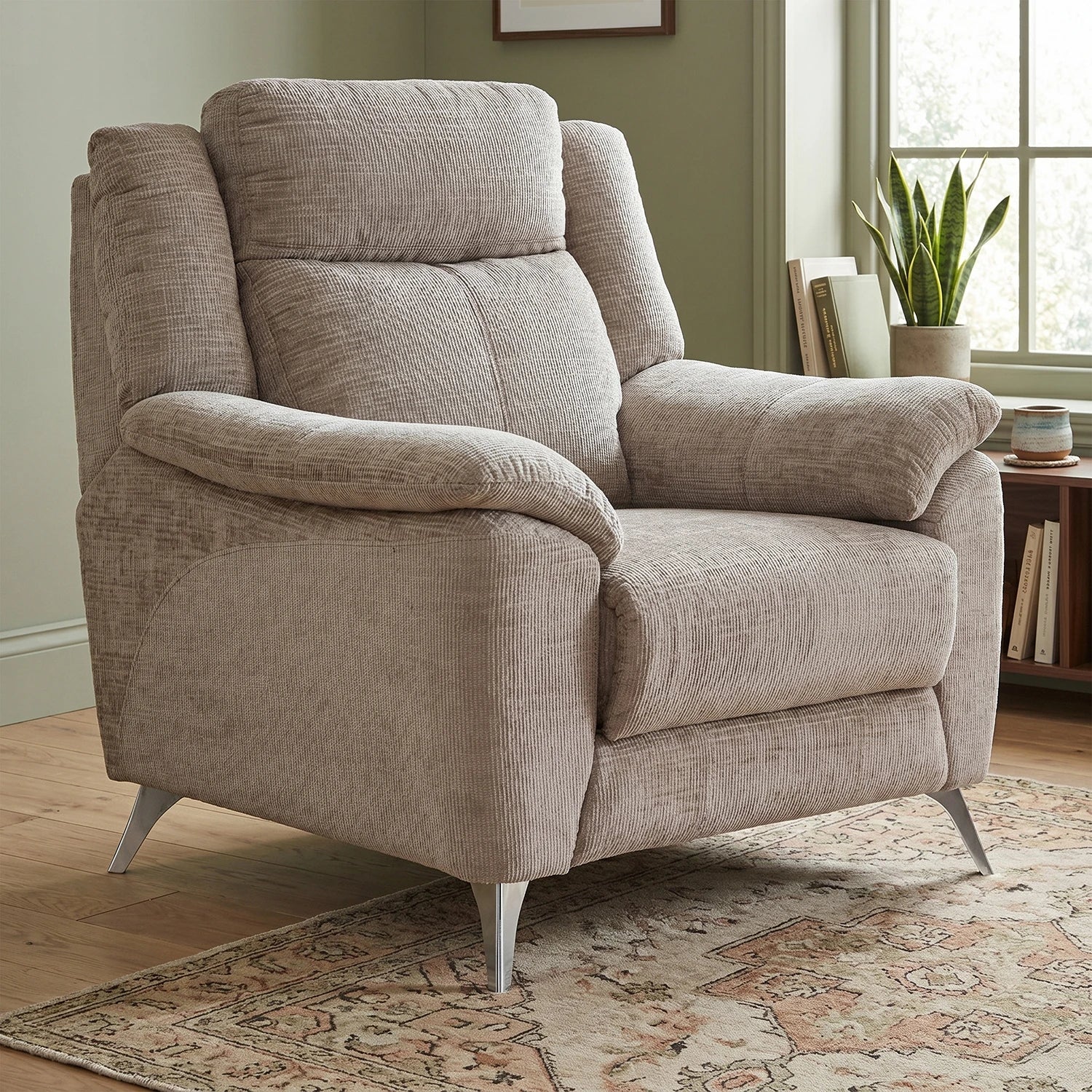 A high-back upholstered  chair in a textured light beige fabric,