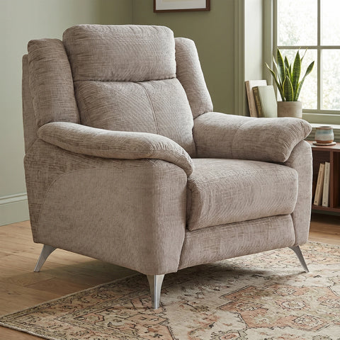 A high-back upholstered  chair in a textured light beige fabric,