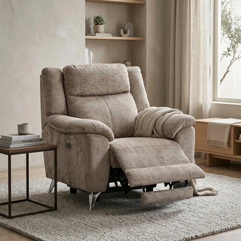 Modern & Glamour Monroe Spencer Mink Chenille Fabric Power Recliner Arm Chair with Chrome Metal Legs 