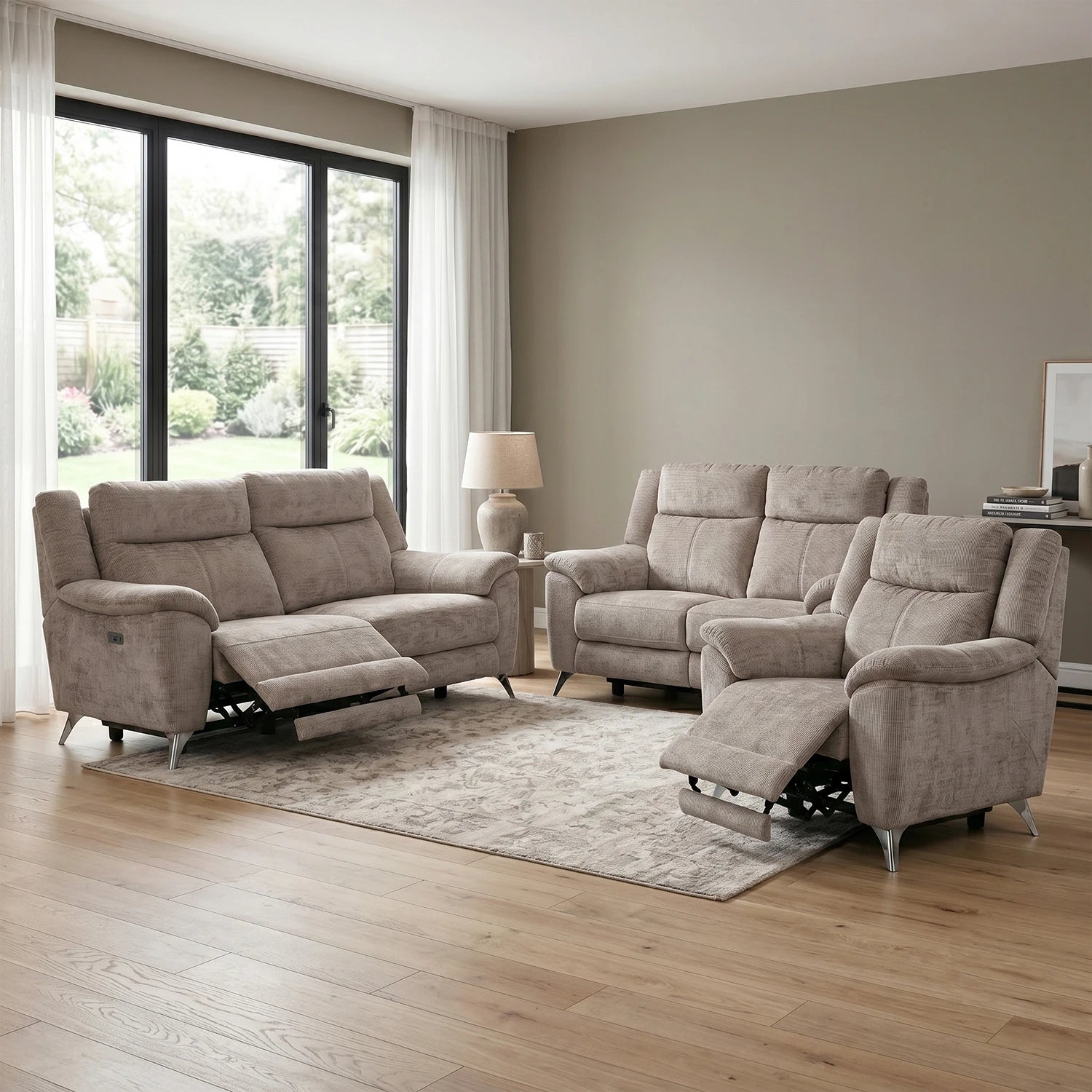 A 3-piece Mink fabric Power reclining Modern Sofa Upholstered in Chenille Fabric , available as 3 Seater, 2 Seater or Arm Chair