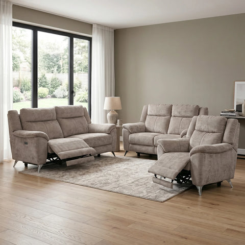 A 3-piece Mink fabric Power reclining Modern Sofa Upholstered in Chenille Fabric , available as 3 Seater, 2 Seater or Arm Chair