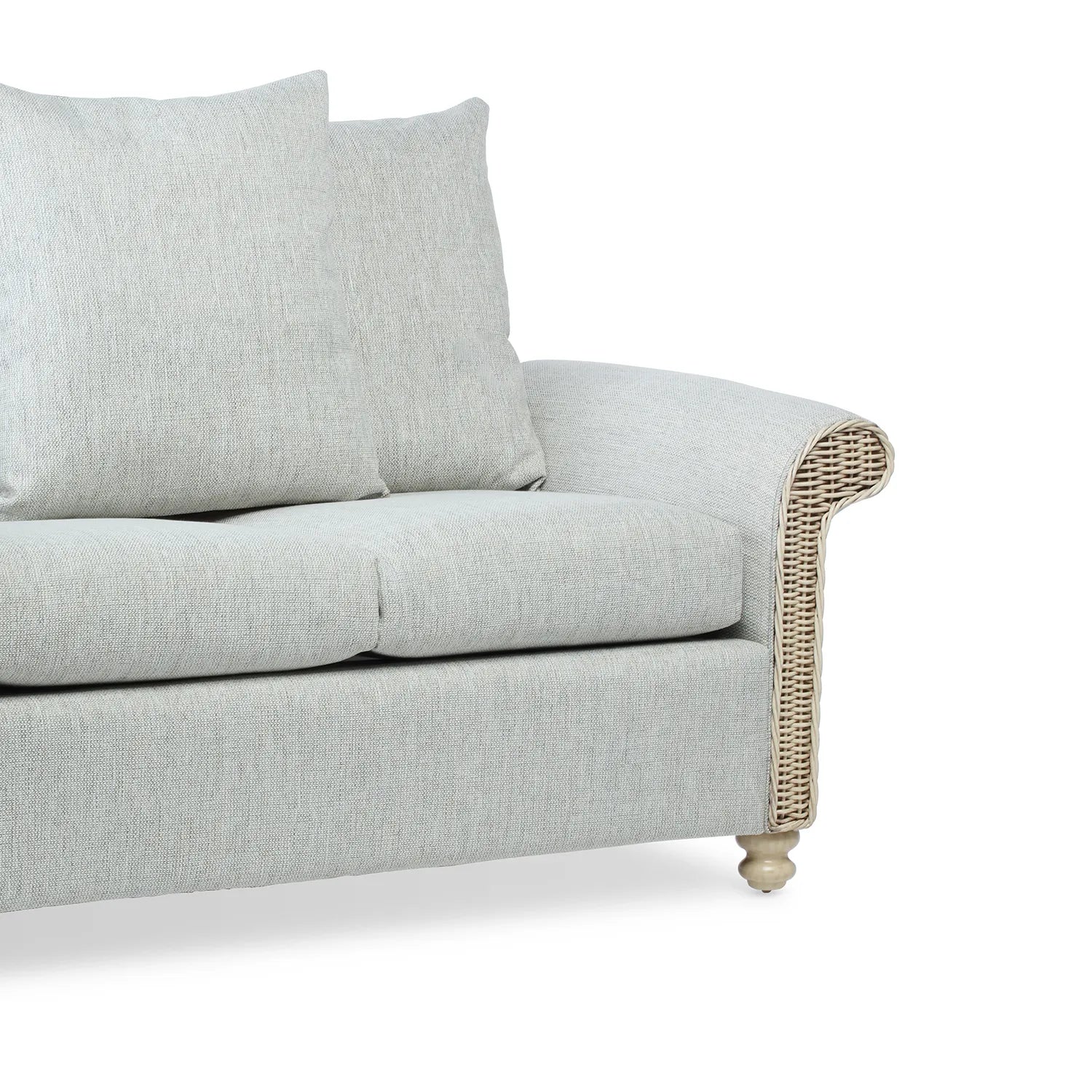 Desser Samford Rattan 2 Seater Sofa with Scatter Cushions in Pebble Fabric, available in a 3 Seater, 2 Seater, Swivel Rocker, Swivel Chair, Armchair and Footstool.  Choose from various fabrics - Close Up of fabric