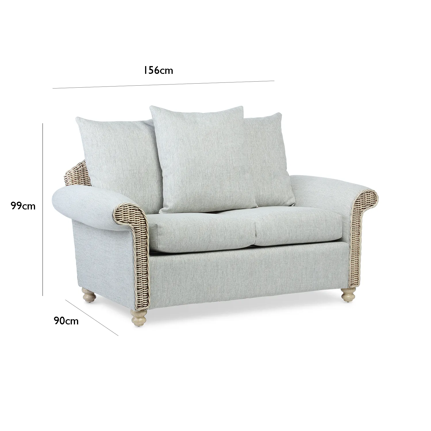 Desser Samford Rattan 2 Seater Sofa with Scatter Cushions in Pebble Fabric, available in a 3 Seater, 2 Seater, Swivel Rocker, Swivel Chair, Armchair and Footstool.  Choose from various fabrics - Dimensions
