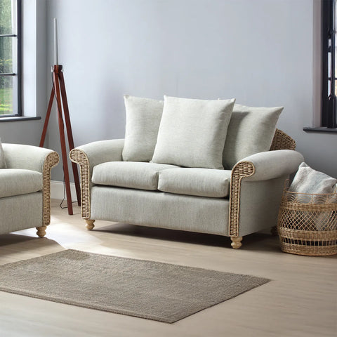 Desser Samford Rattan 2 Seater Sofa with Scatter Cushions in Pebble Fabric, available in a 3 Seater, 2 Seater, Swivel Rocker, Swivel Chair, Armchair and Footstool.  Choose from various fabrics - Lifestyle Image of 2 seater with Scatter Cushions 