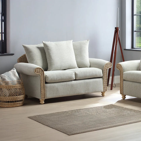 Desser Samford Rattan 2 Seater Sofa with Scatter Cushions in Pebble Fabric, available in a 3 Seater, 2 Seater, Swivel Rocker, Swivel Chair, Armchair and Footstool.  Choose from various fabrics - 2 Seater Lifestyle Image 