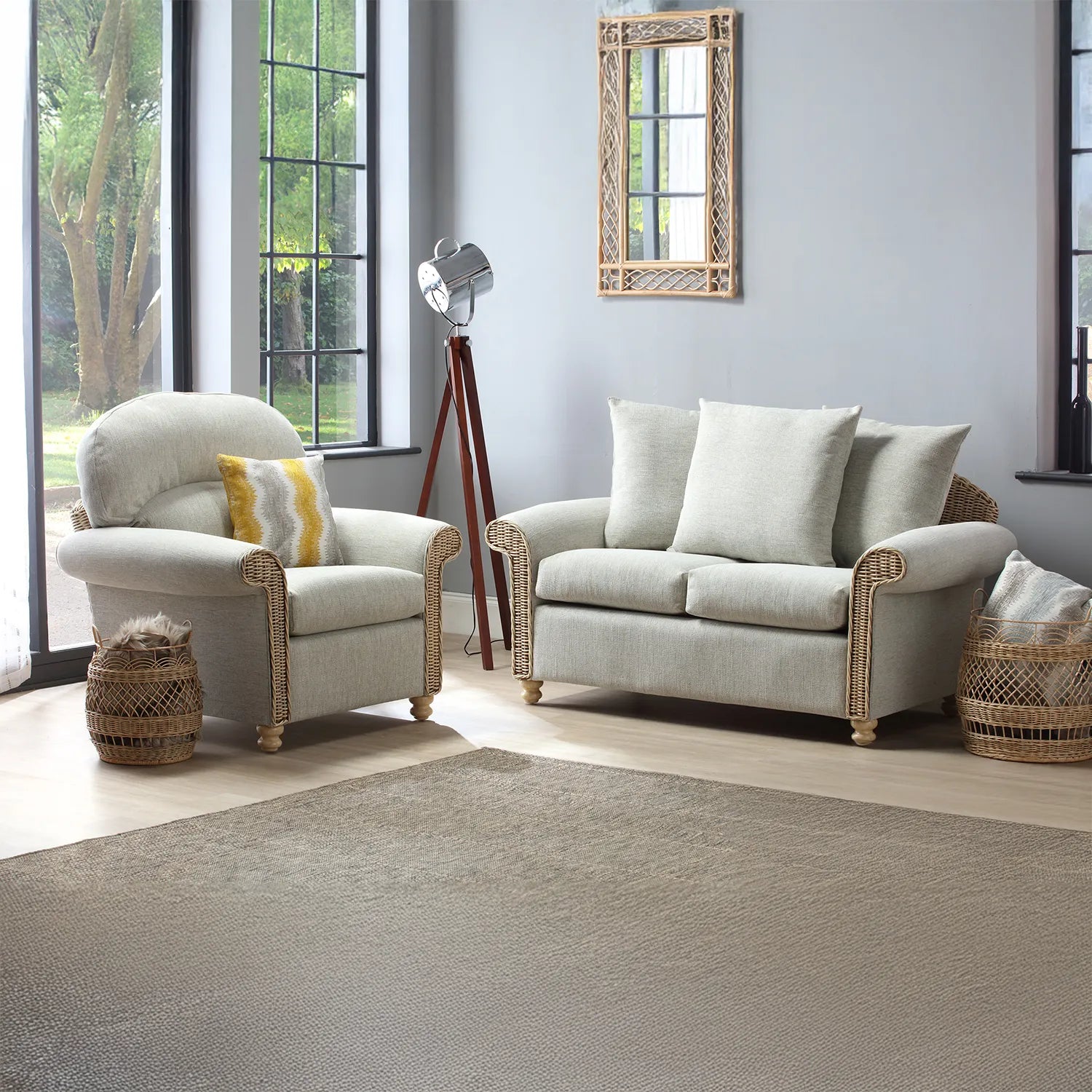 Desser Samford Rattan 2 Seater Sofa with Scatter Cushions in Pebble Fabric, available in a 3 Seater, 2 Seater, Swivel Rocker, Swivel Chair, Armchair and Footstool.  Choose from various fabrics - Lifestyle Image 