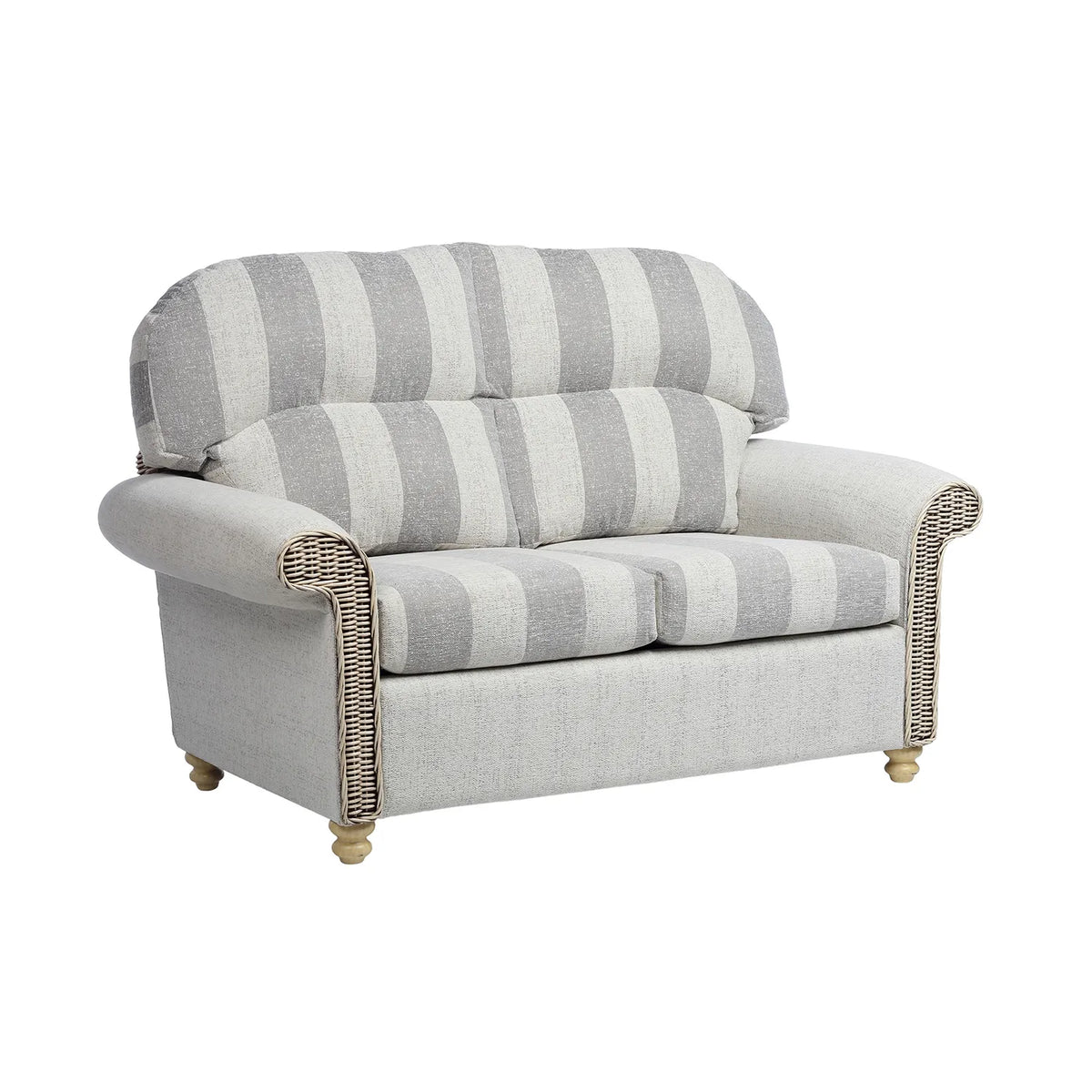 Desser Samford Rattan 2 Seater Sofa in Athena Stripe Fabric, available in a 3 Seater, 2 Seater, Swivel Rocker, Swivel Chair, Armchair and Footsool.  Choose from various fabrics 