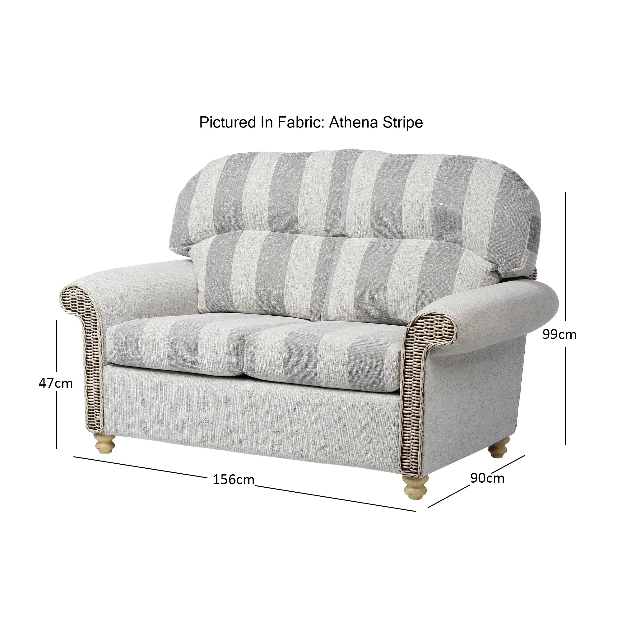 Desser Samford Rattan 2 Seater Sofa in Athena Stripe Fabric, available in a 3 Seater, 2 Seater, Swivel Rocker, Swivel Chair, Armchair and Footsool.  Choose from various fabrics - Dimensions 