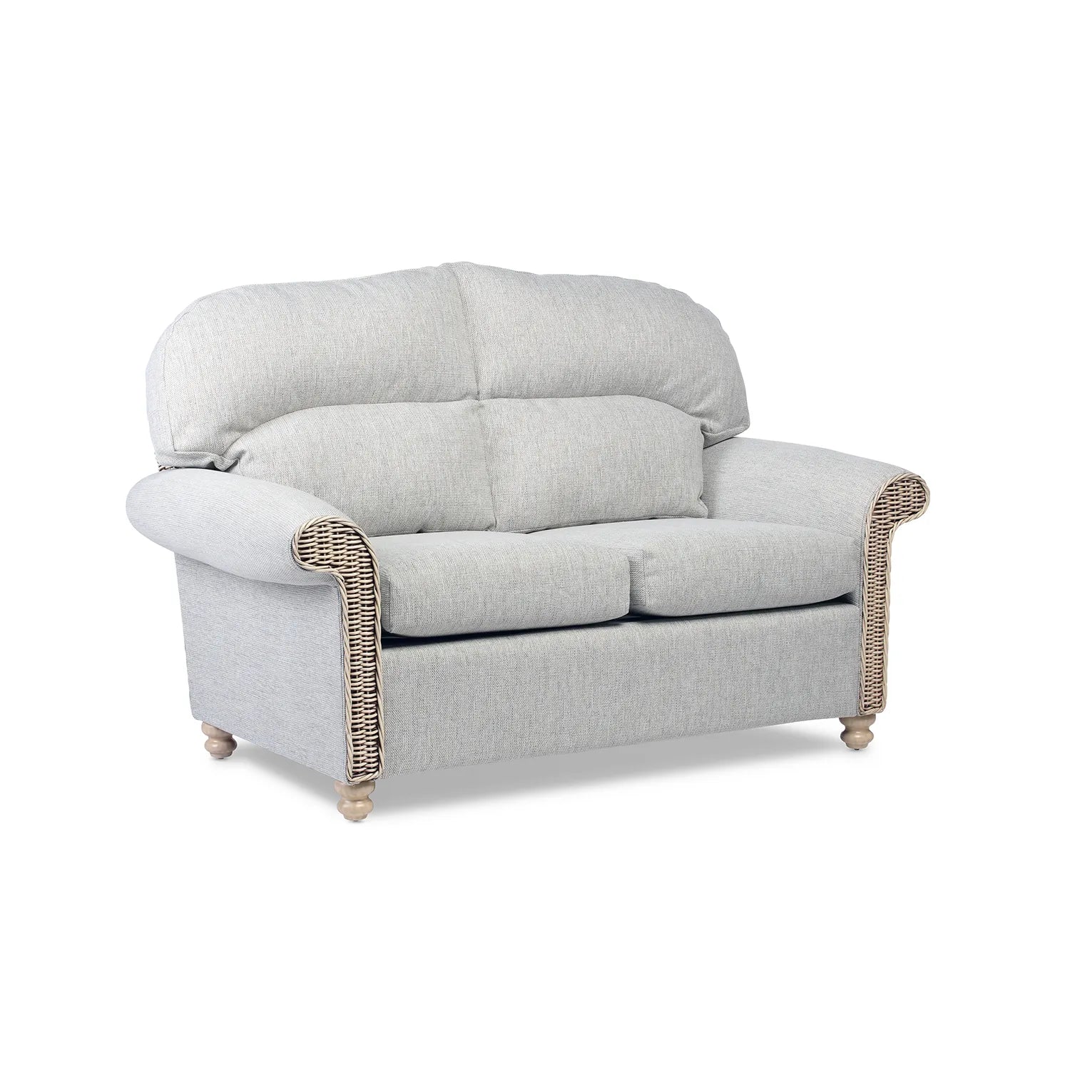 Desser Samford Rattan 2 Seater Sofa in Pebble Fabric, available in a 3 Seater, 2 Seater, Swivel Rocker, Swivel Chair, Armchair and Footsool.  Choose from various fabrics 