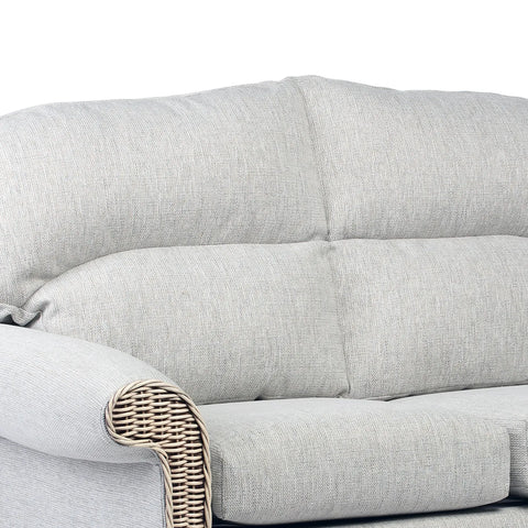 Desser Samford Rattan 3 Seater Sofa in Pebble Fabric. Also available in 2 Seater, Swivel Chair, Swivel Rocker, Armchair and Footstool. Style with matching Coffee Table and Lamp Table. Choose from a variety of fabrics - Close up of 3 Seater - Close Up of Pebble Fabric