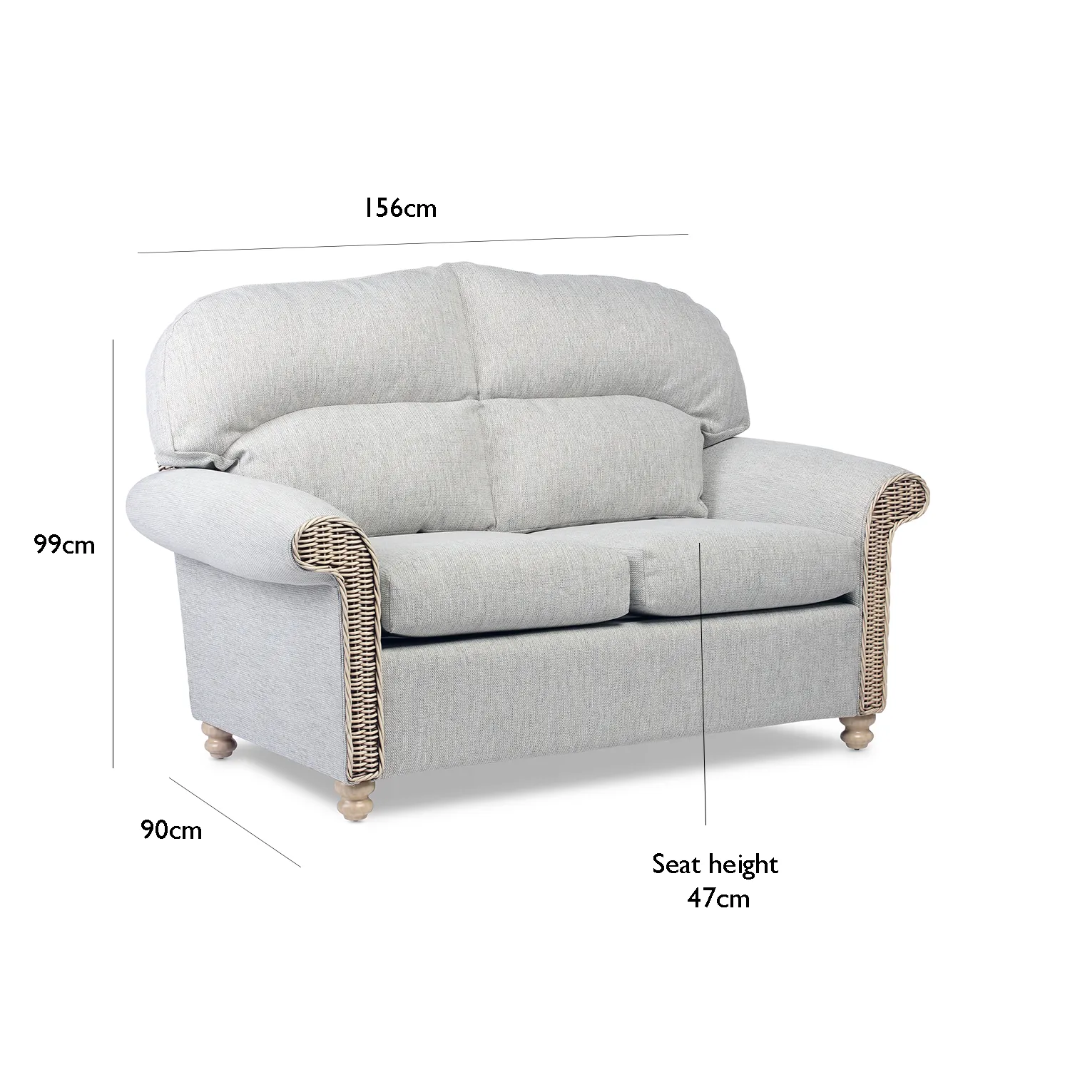 Desser Samford Rattan 2 Seater Sofa in Pebble Fabric, available in a 3 Seater, 2 Seater, Swivel Rocker, Swivel Chair, Armchair and Footsool.  Choose from various fabrics - Dimensions 