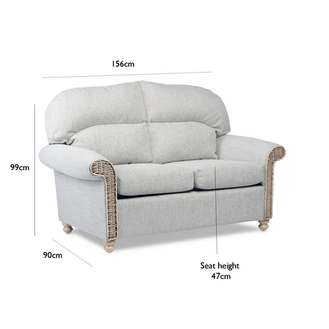 Desser Samford Rattan 2 Seater Sofa in Pebble Fabric, available in a 3 Seater, 2 Seater, Swivel Rocker, Swivel Chair, Armchair and Footsool.  Choose from various fabrics - Dimensions 
