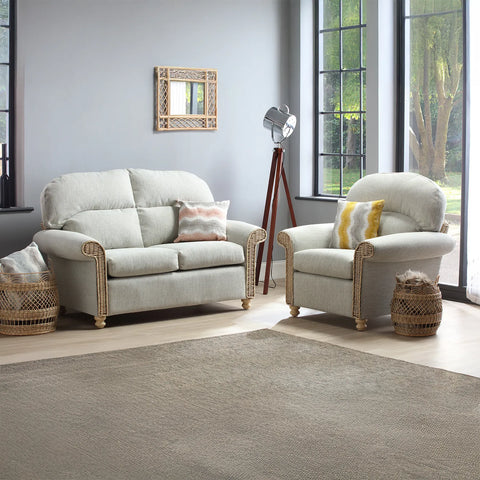 Desser Samford Rattan 2 Seater Sofa in Pebble Fabric, available in a 3 Seater, 2 Seater, Swivel Rocker, Swivel Chair, Armchair and Footsool.  Choose from various fabrics - Lifetsyle Image 